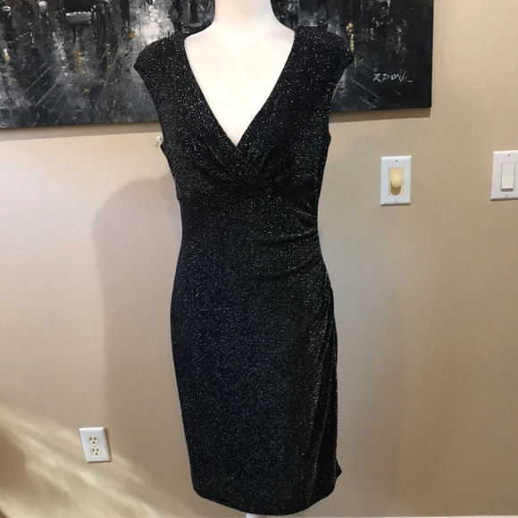 NWT Lauren Ralph Lauren Silver Sparkle Black Cinched Waist V-neck Midi Dress-8 - Picture 1 of 10